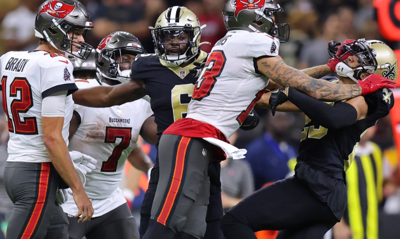 Tampa Bay's Mike Evans mows down New Orleans' Marshon Lattimore during their match in New Orleans SUnday, September 18, 2022. Photo: USA TODAY Sports.
