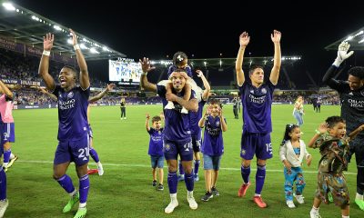 Members of Orlando City SC salute the fans after their 3-0 Lamar Hunt U.S. Open Cup victory at Exploria Stadium Wednesday, September 7, 2022. Photo: Roy K. Miller/ISI Photos